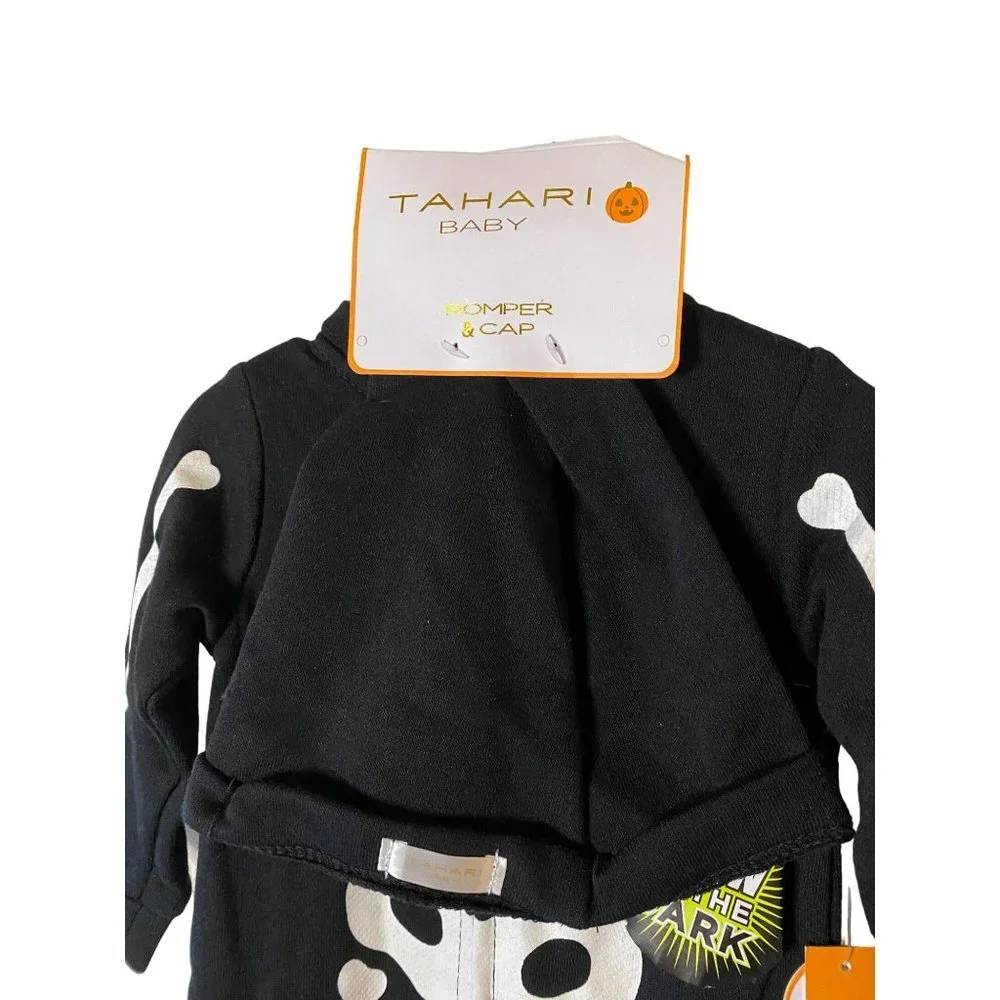 Tahari Baby Romper with Beanie‎ and glow in the dark skeleton Sz 6-9M Black